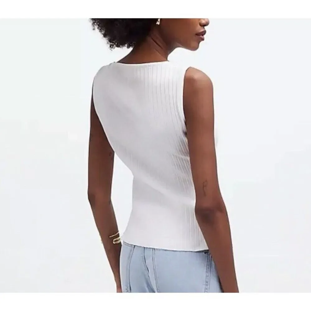Madewell Tank Top Size XXS White Ribbed Cotton Blend Sleeveless Cropped Boatneck - Picture 2 of 16